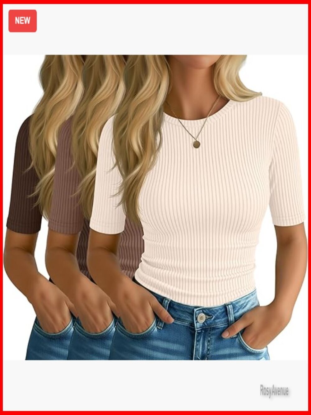 3 Pack Slim Fit Ribbed Cotton Tees Half Sleeve Crew Neck Casual Blouses